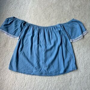 Handmade Blue Off-Shoulder Top with Lace Trim